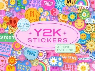 Y2K STICKERS PACK. COOL POP ART PATCHES. 2000s 90s abstract art baby cool design emoji flower girl groovy illustration patch pattern pop smile sticker trendy vector y2k