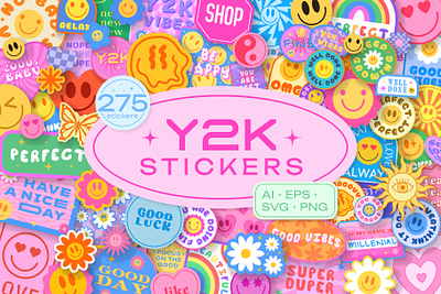 Y2K STICKERS PACK. COOL POP ART PATCHES. 2000s 90s abstract art baby cool design emoji flower girl groovy illustration patch pattern pop smile sticker trendy vector y2k