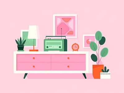 Interior adobe illustrator cozy furniture home decor illustration illustrator interior living room mid century modern style painting pink plant radio retro table vector vector art vintage