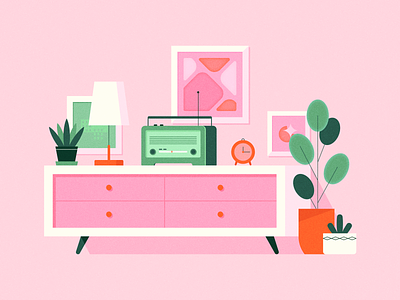 Interior adobe illustrator cozy furniture home decor illustration illustrator interior living room mid century modern style painting pink plant radio retro table vector vector art vintage