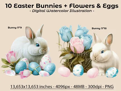 Easter Bunnies with Flowers and Eggs Collection illustration photoshop scrapbook