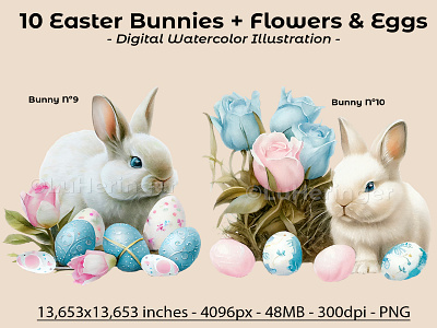 Easter Bunnies with Flowers and Eggs Collection illustration photoshop scrapbook