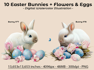 Easter Bunnies with Flowers and Eggs Collection illustration photoshop scrapbook