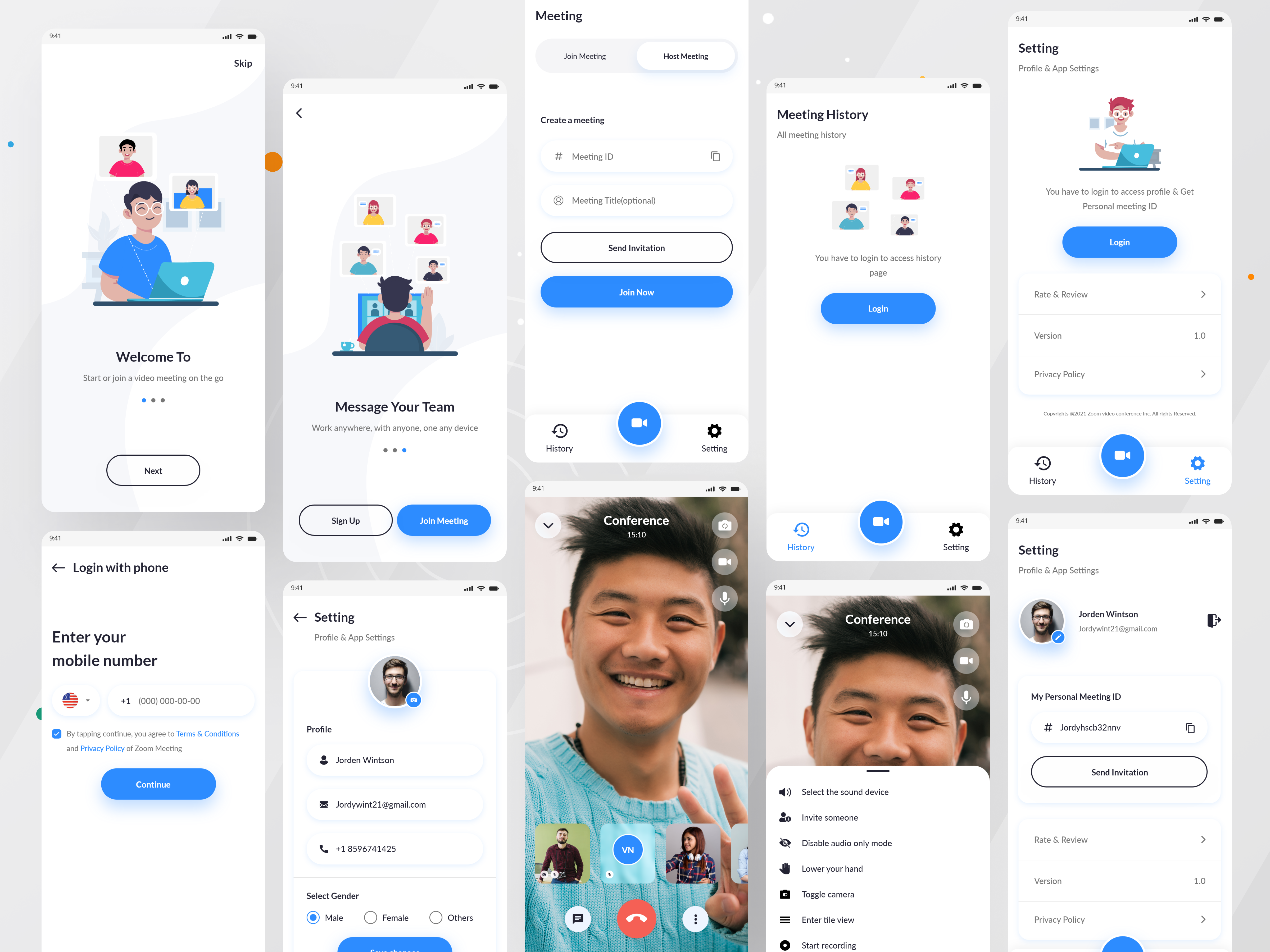 Video Conference UI Concept app design google meet google meet redesign illustration live minimal mobile app online online meeting ui ui design ux vector video chat video conference zoom zoom redesign