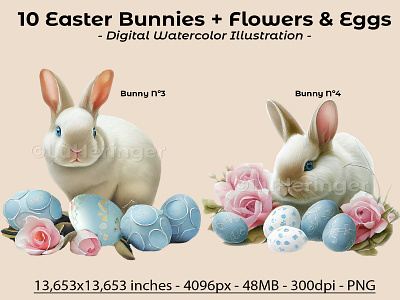 Easter Bunnies with Flowers and Eggs Collection illustration photoshop scrapbook