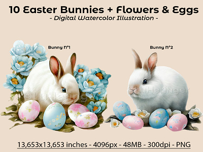 Easter Bunnies with Flowers and Eggs Collection illustration photoshop scrapbook