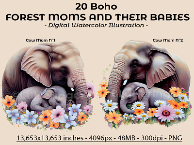 20 Boho Forest Moms and Their Babies Collection illustration photoshop scrapbook