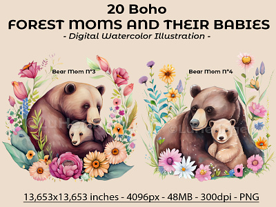 20 Boho Forest Moms and Their Babies Collection illustration photoshop scrapbook