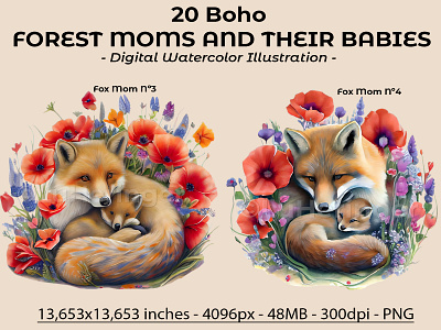 20 Boho Forest Moms and Their Babies Collection illustration photoshop scrapbook