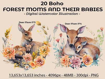 20 Boho Forest Moms and Their Babies Collection illustration photoshop scrapbook