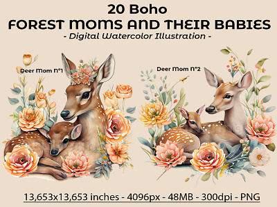 20 Boho Forest Moms and Their Babies Collection illustration photoshop scrapbook