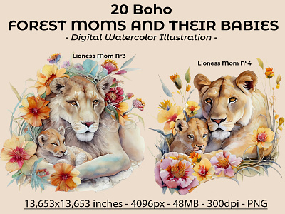 20 Boho Forest Moms and Their Babies Collection illustration photoshop scrapbook