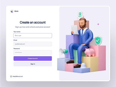 Aura - Sign up page 3d create account figma form log in login password register sign in sign up signin signup simple split screen ui ui design user interface ux ux design