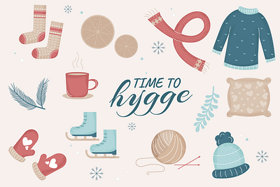 A collection of winter elements. Hygge style. comfort cozy cup danish hand drawn hat hygge pillow scandinavian scarf sweater vector