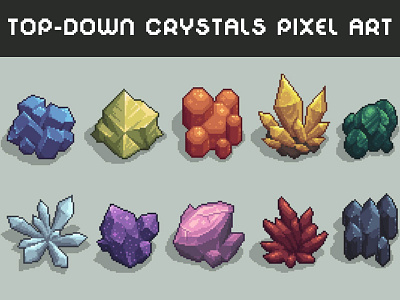 Top-Down Crystals Pixel Art 2d asset assets crystal crystals fantasy game game assets gamedev indie indie game items pack pixel pixelart pixelated rpg set sets