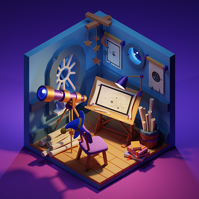 Cozy astronomy room 3d 3d art 3d illustration adobe photoshop app astronomy blender cartoon design digital illustra graphic design illustration landing page low poly ui web design