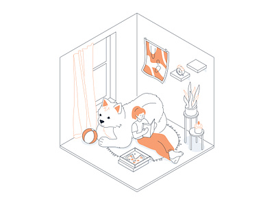 Cozy evening - isometric line illustration character design evening hobby home illustration indoor isometric isometry leisure line pet style vector
