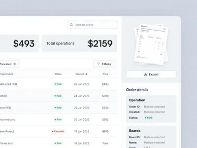 Invoices page export invoice pdf preview product design table ui visualize
