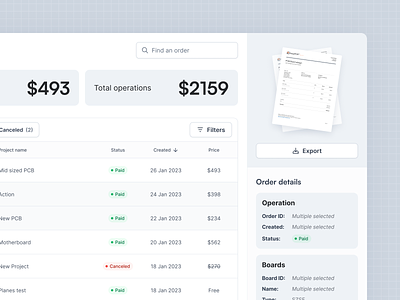 Invoices page export invoice pdf preview product design table ui visualize