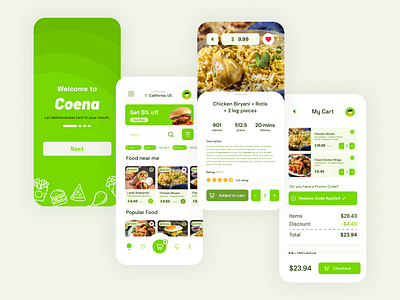 Coena - Food Delivery App UI (Flat Design) app application cart coena colors delivery design food graphic green illustration interface item sohan sohanck tasty ui user yellow yummy