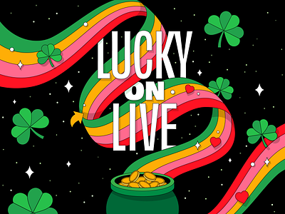 Lucky on LIVE black funky gold green illustration outerspace pot of gold rainbow retro space st patrick st. patricks day stars trendy typography vector
