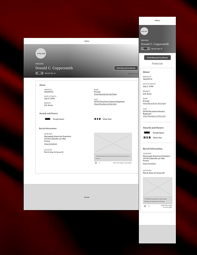 Military Servicemember Burial Record burial record low fidelity military military service mobile first wireframe