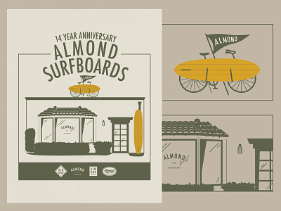 Almond Surfboards 14-Year Anniversary Illustration almond almond surfboards art direction bike costa mesa design graphic design icon illustration pennant flag poster print surf shop surfboard typography vector