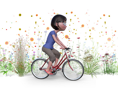 3d illustration of girl riding a bicycle among plants. 3d anatomy design girl illustration medical