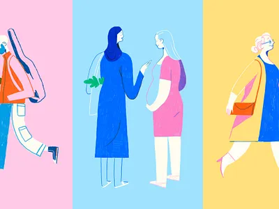 People Watching - Character Studies animation blue character character design digital illustration editorial illustration illustration illustration art pink women yellow
