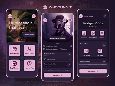 Whodunnit App (mystery party game) game game ui gamedesign gamedev gameinterface illustration logo mafiagame midjourney mobile mobile app mystery mysterygame quest ui whodunnit
