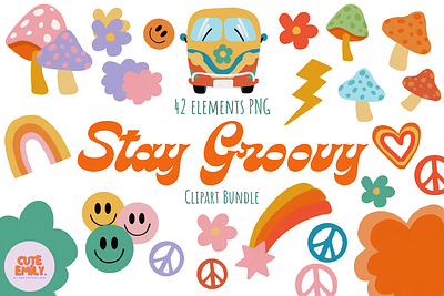 Stay Groovy Clipart Set camper van flower power groovy groovy art set groovy elementts love heart muchrooms oil painting rainbow rainbow pattern retro color pattern retro style smiley faces stay groovy stay groovy illustration