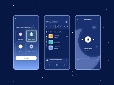 Bedtime Routine App app design bedtime calm calming sounds dark mode meditation mindfulness mobile app player sleep ui ui design ux