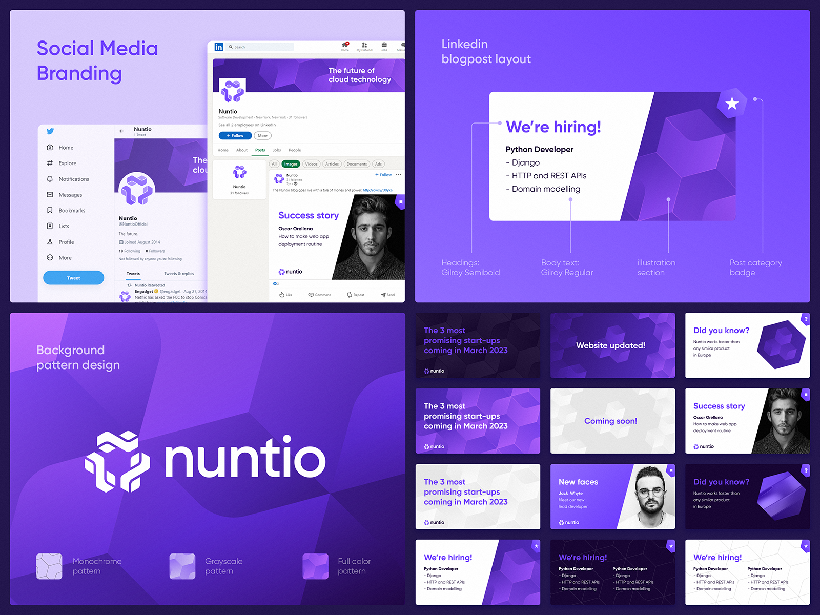 Nuntio Social Media Branding app blockchain blogpost branding cloud coding deployment gradient icon identity linkedin logo media pattern profile saas social software tech twitter