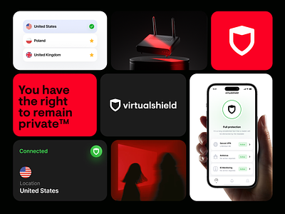 VirtualShield - Essentials 3d brand branding composition country cyber security dark interface light logo madebyproperly red router security shield symbol ui virtual virtualshield vpn