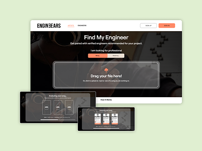 "Find My Engineer" Landing Page for EngineEars ai audio design desktop landing loading music progress responsive results service ui upload ux web website