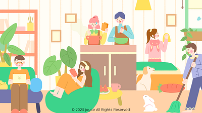 Couple's Sweet Daily Life Illustration cooking couple daily flat illustration indoor life pet reading sweet