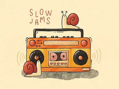 Wobble wobble beats boombox design digital art illustration jam music slow snail snails vintage