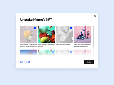 Unstake Meme's NFT add button buttons card cards checkbox close hover modal modals nft nfts primary scroll scrollbar select select all selections sidebar uncheck