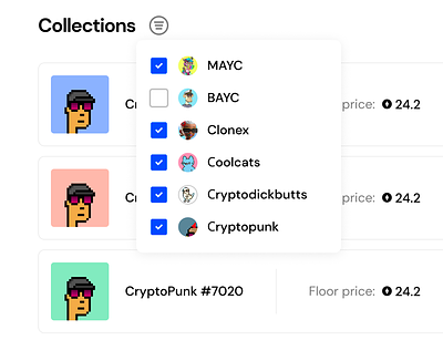 Collections checkbox coin coins collection collections crypto cryptopunk dropdown floor price list modal nft nfts price scroll selection subtitle titles ui ux