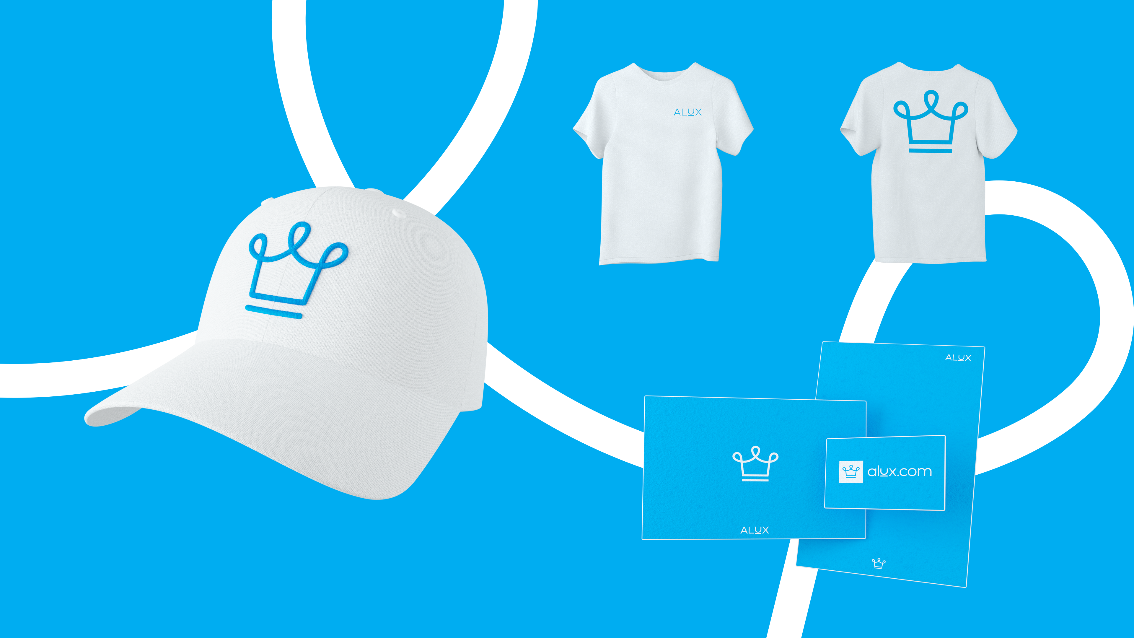 Alux - Cap, T-shirt, & Stationery 3d alan jacob george alux art blue cinema 4d clean crown design graphic design illustration logo logo symbol logotype minimal mockup render ui visualization wordmark