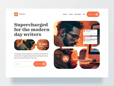 WRITERIZE - Website Hero Section Design branding design figma illustration logo typography ui ui design ux vector