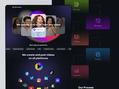 Clipfactory b2b webflow landing page clean clips dark landing page modern playful services startup strategy ui video webflow webflow design website