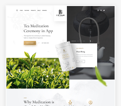 Tea Meditation app ecommerce landing page tea ui