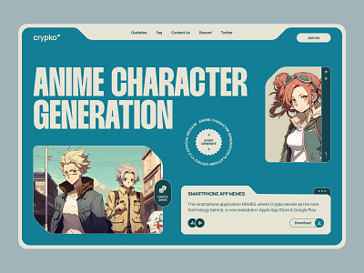 Anime character generation platform ai anime blockchain character cryptocurrency design illustration interface landing page platform ui uidesign web design web3 website