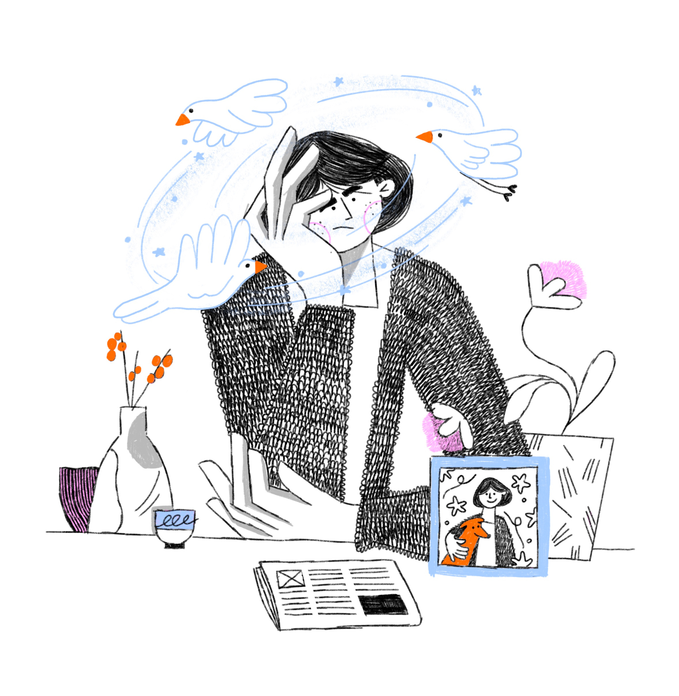 Too many thought birds character flat heads home mad mind no idea problems sad sketch thinks thought ui