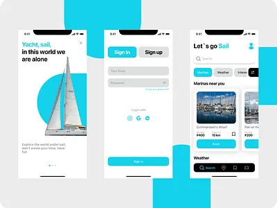 Visual concept for marina booking apps app blue booking app figma graphic design likes main main page marina booking mobile onboarding sign in ui uiux design ux yaht бронирование