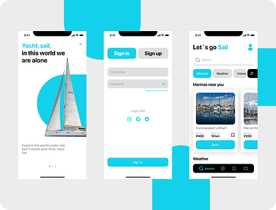 Visual concept for marina booking apps app blue booking app figma graphic design likes main main page marina booking mobile onboarding sign in ui uiux design ux yaht бронирование