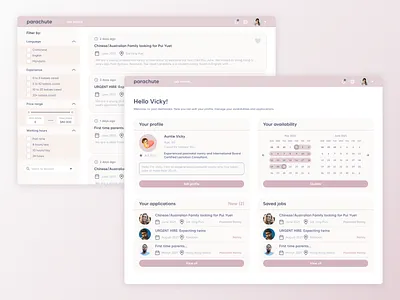 parachute applications availability children dashboard design detailed job filter modal view nanny parents pink ui ux website website design