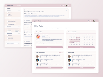 parachute applications availability children dashboard design detailed job filter modal view nanny parents pink ui ux website website design