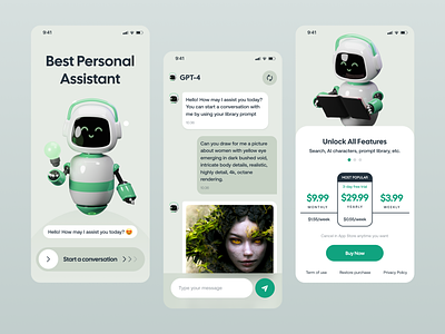 Personal Assistant AI Chatbot ai app app design artificial intelligence chat chatapp chatbot chatgpt design green mobile app design price table robot ui